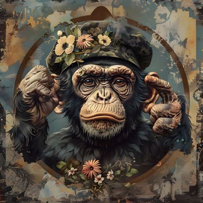 Porträt eines Schimpansen mit floral geschmückter Tarnkappe (KI-Kunst)